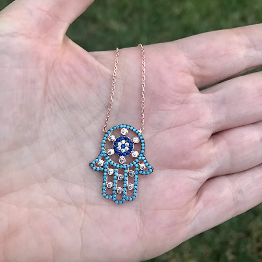 Cadenita de plata .925 con MANO HAMSA con PIEDRITAS y ZIRCONIAS