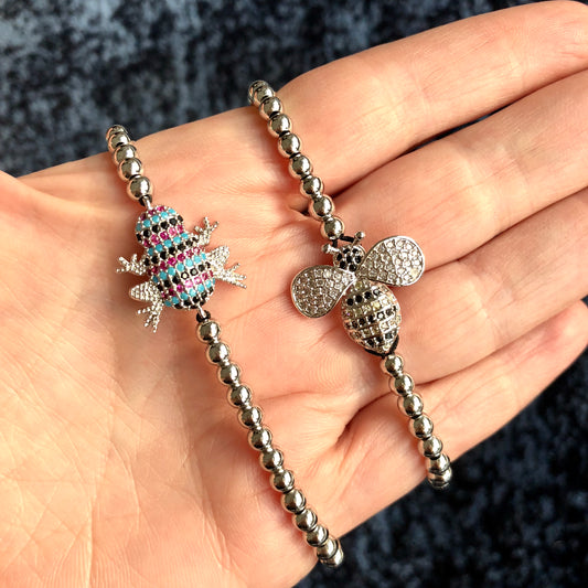 Pulseras AJUSTABLES de bolitas de ACERO INOXIDABLE con ABEJA y RANA