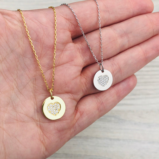 Cadenita de PLATA con CIRCULO con CORAZON cubierto con ZIRCONIAS