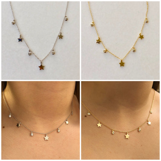 Cadenita CHOKER de plata con ESTRELLAS y ZIRCONIAS colgantes