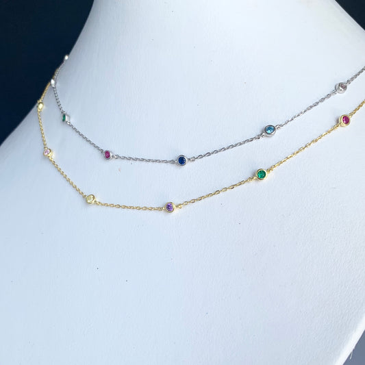 Cadenita CHOKER de plata con CIRCULITOS de ZIRCONIAS de COLORES